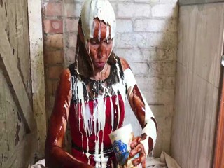 Very Sexy Messy Girl playing with Chocolate and Cream