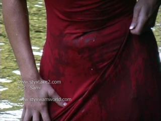 Sami soaks a red dress